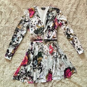 BEBE Floral Long-Sleeve Skater Dress in White, Pink & Grey